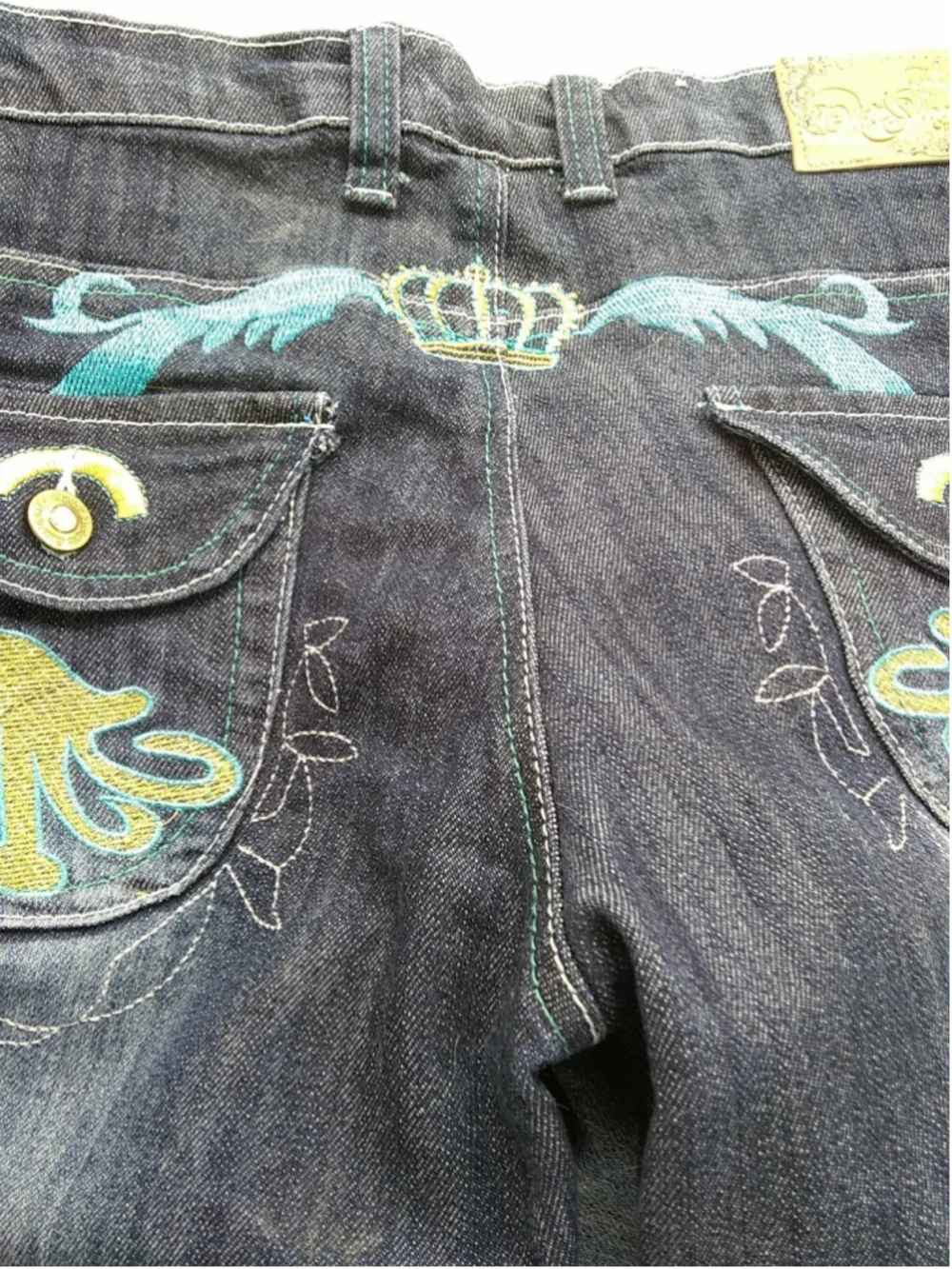 OLD SKOOL Womens Juniors Denim Jeans SIZE 15 Embellished Teal & Gray Stitching - Picture 2 of 12